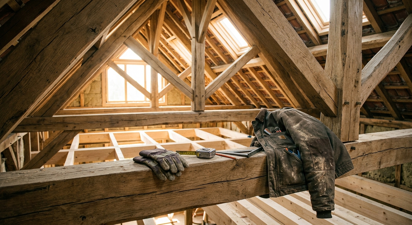 Charpentier professionnel inspectant une charpente en bois